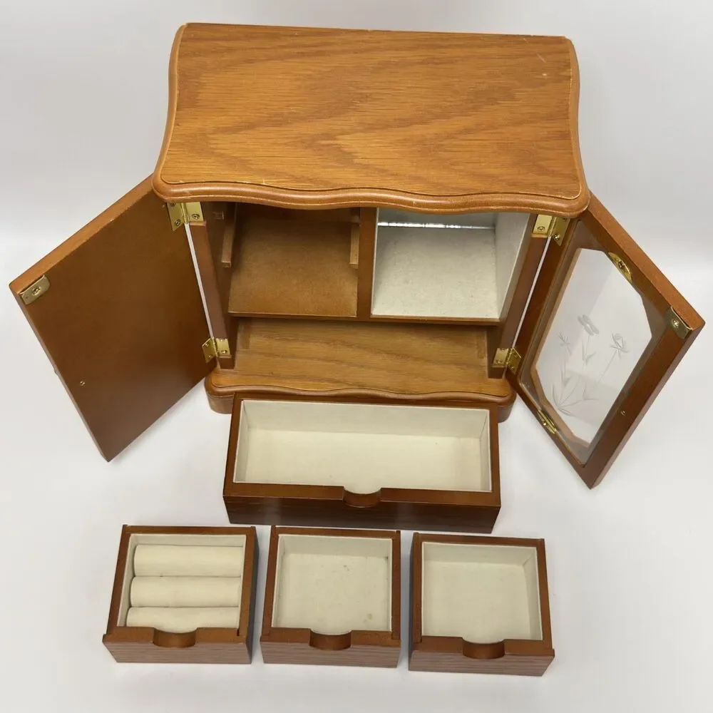 Vintage Wooden Jewelry Box Armoire Wood Tabletop Jewelry Organizer With Mirror